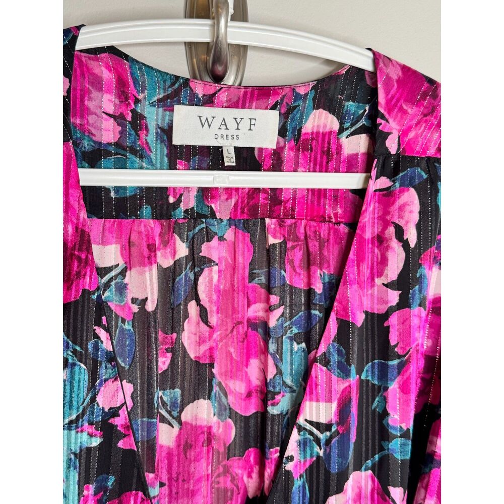 WAYF Floral Wrap Dress Large Pink Black Romantic Boho Midi Long Sleeve - Picture 5 of 6